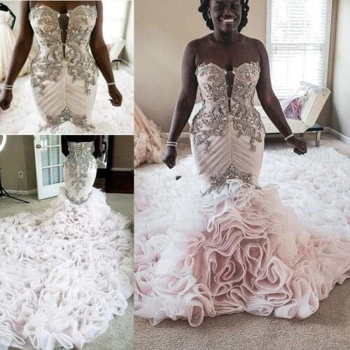 Ruffles Crystal Mermaid Wedding Dresses Plus Size Sweetheart Lace-up Corset African Sparkly Church Wedding Gown