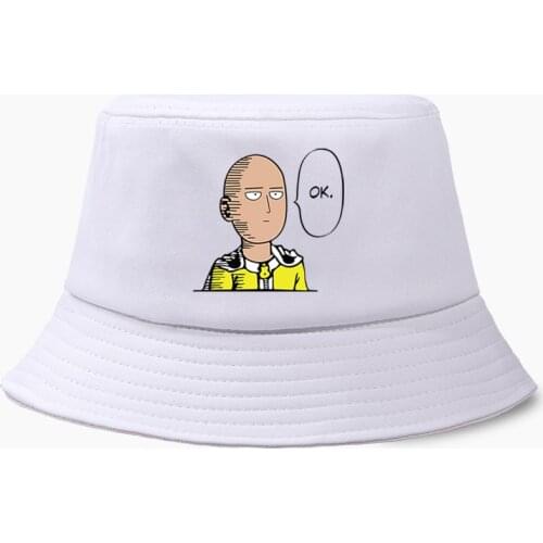 ONE PUNCH MAN Bucket Hat Panama Saitama Japanese Anime OK Funny Cap Women Men Cotton Outdoor Sunscreen Wide Brim Beach Hats Caps