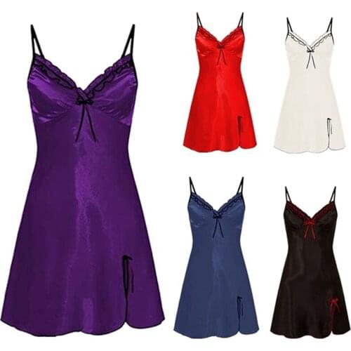 Sexy Sleepwear Women Lace Silk Satin Night Dress Sleeveless Nighties V-neck Nightgown Plus Size 2XL Nightdress Nightwear