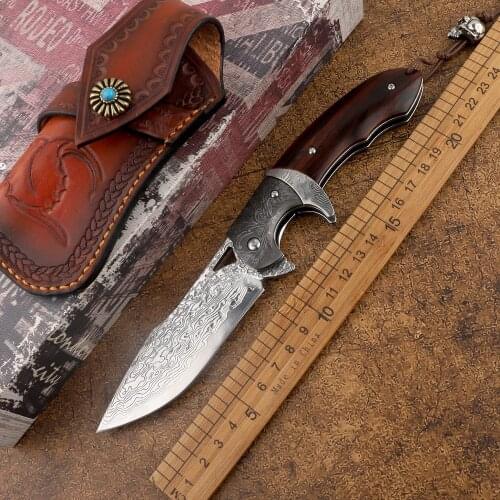 Portable Pocket Damascus Steel Wooden Handle Folding Knife Outdoor Tactical Camping Self-defense Hunting Hand Tool Pocket Knife