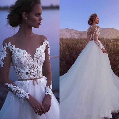 Gorgeous Wedding Dress White A-Line Long Sleeve Appliques Illusion Neckline and Back Bridal Gowns Vestios De Novia Bridal