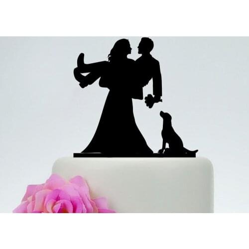 Family Wedding Bride and Groom With A Dog Silhouette Cake Topper,Couple Wedding Cake Topper,Funny Cake Topper