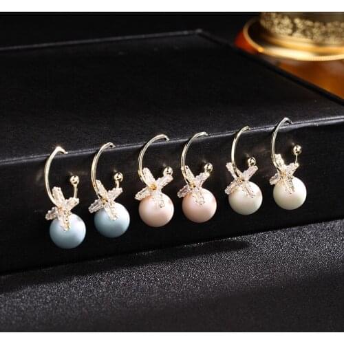 Blue/Pink/White Round Pearls Earrings Cubic Zirconia Dangle Earring for Women Wedding Fashion Jewelry Accessories BEA006