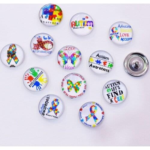 50PCS Autism Awareness Glass Button Snap Jewelry Charm Fit For DIY 18mm Snap Jewelry Button Bracelet&Necklace Jewelry