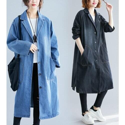 Spring autumn Korean Big pocket Denim jacket womens Mid-length Washed Lapel Denim coat Long windbreaker Female Outerwear
