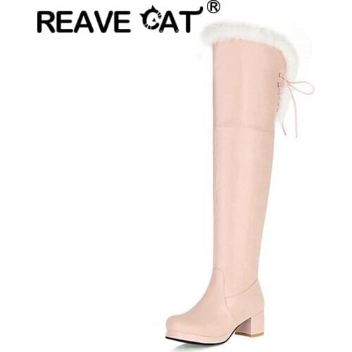 Reave Cat Women Knee Height Boots Sweet Warm Waterproof Square Toe Non-Slip 5cm Short Plush Slim Lace-Up Zip Winter Casual A3266