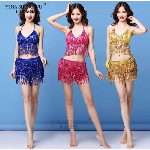 Sexy Belly Dance Latin Sequin Halter Top Bra Belt Hip Skirt Set Women Party Costume Tassel Temptation Stage Performance Sets