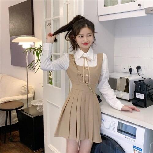 FONELY FAIRY Japanese Lolita Style Women Princess French Long Sleeve Patchwork Pleated Shirt Dress Cute Preppy Style Vestido