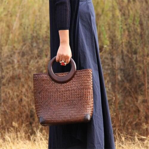 26x26CM Original Straw Bag Retro Ladies Thailand Handbag Shopping Casual Beach Bag Bamboo Woven Rattan Bag a6105