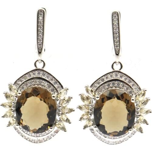 40x22mm Stunning Created Smokey Quartz Bright Zircon Women Jewelry Making Silver Earrings Daily Wear