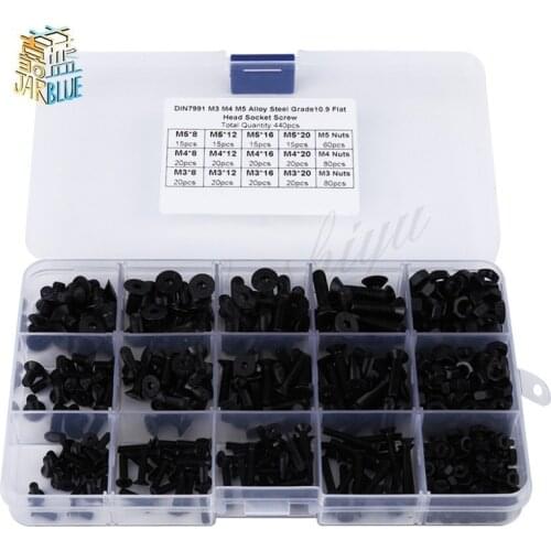 440pcs/set M3 M4 M5 Alloy Steel Hex Socket flat Head Screws Bolts Nuts Assortment Kit Fasteners Hardware Black with Box
