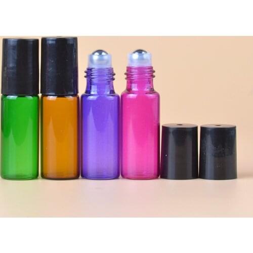 5ml Blue Red Amber Green Glass Roll on Bottle with Metal Roller Empty Aromatherapy Perfume Bottles 12 pcs/lot P115