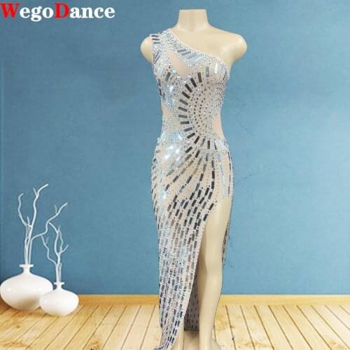 Sparkly Silver Rhinestone Mirror Transparent Long Dress Evening Birthday Celebrate Costume Women Dancer Prom Dress