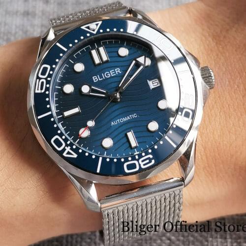 BLIGER Brand Blue Automatic Men Watch Sapphire Crystal 24 Jewels NH35A Movement Screwdown Crown Date Display Rotating Bezel