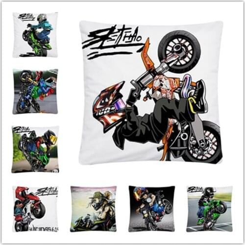 Stunt motorcycle cartoon pattern Soft Short Plush Cushion Cover Pillow Case for Home Sofa Car Decor Pillowcase 45X45cm