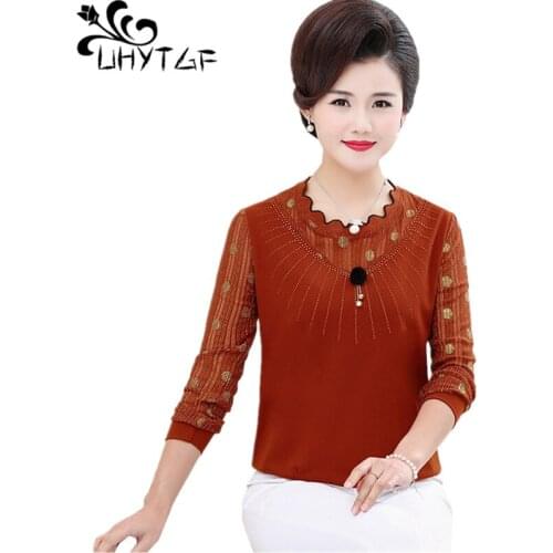 UHYTGF 6XL plus size t-shirt womens fashion round neck pullover spring autumnT-shirt female long-sleeved elegant short tops 893