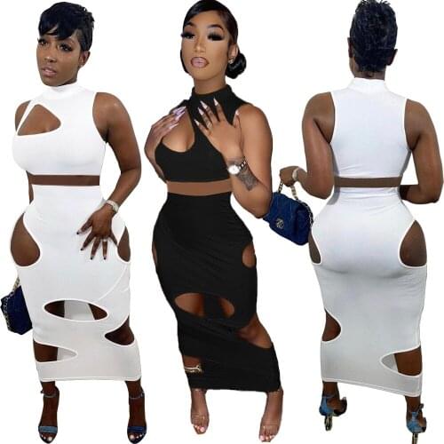 Two Piece Set Women Skirt Irregular Holes Hollow Sexy Half A Turtleneck Tight Summer Nightclub Clothes Wholesale Dropshipping