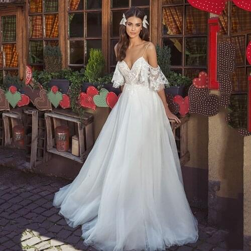 V-Neck Appliques Lace Dropped Sleeves Backless Tulle A-Line Wedding Dress Bridal Gown Vestido De Noiva
