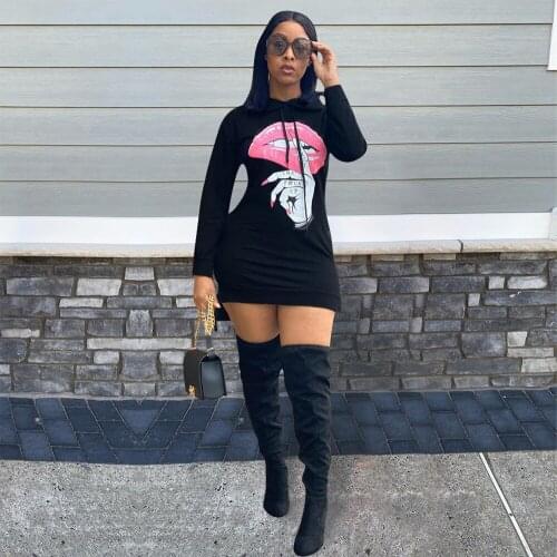 Hooded Long Sleeve Mini Dress Fashion Printed Side Split Straight Dresses Casual Autumn Spring Hoodie Streetwear Women Clothes