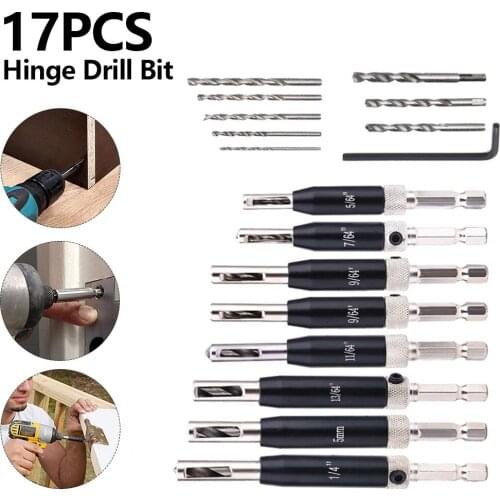 17pcs Hexagon Shank Hinge Drill Bit Set Lock Hinge Drill Set Hardware Tray Pilot Hole Guides Power Tools Black Hinge Drill Set