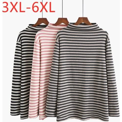 New 2021 Ladies Autumn Winter Plus Size Basic Tops For Women Large Long Sleeve Slim Stripe Turtleneck T-Shirt 3XL 4XL 5XL 6XL