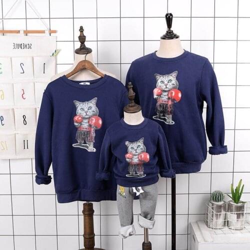 Autumn Winter Family Matching Clothing Pullover Round Collar Cartoon Cat Printed Mommy and Me Clothes Casual Family Look Tops