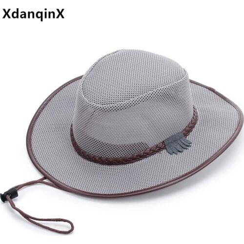 XdanqinX New Summer Mens Panama Hat Hollow Mesh Breathable Sun Hats Oversized Sun Visor Cowboy Beach Hat Straw Hat Fishing Cap