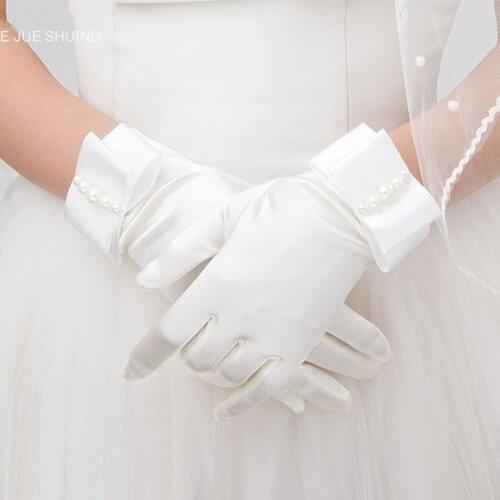 E JUE SHUNG White Ivory Pearls Short Wedding Gloves Finger Satin Bridal Gloves Wedding Accessories