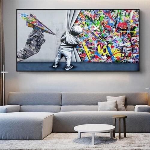 Kids Behind The Curtain Graffiti Paintings on The Wall Pop Street Art Canvas Posters and Prints for Living Room Cuadros Decor