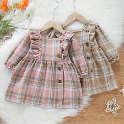 Infant Girls Dress 2021 Autumn Winter Long Sleeve Casual Princess Plaid Dresses Party Ruffles Baby Children Clothing 3M-3 Years
