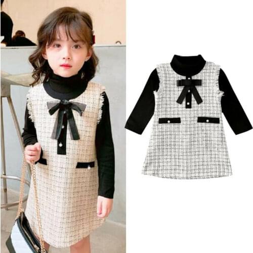 2020 Princess Dress for Girls Kid Elegance Clothes long sleeve Bow Plaid Turtleneck Tops Plaid Dress Party Birthday Outfit 2PCS