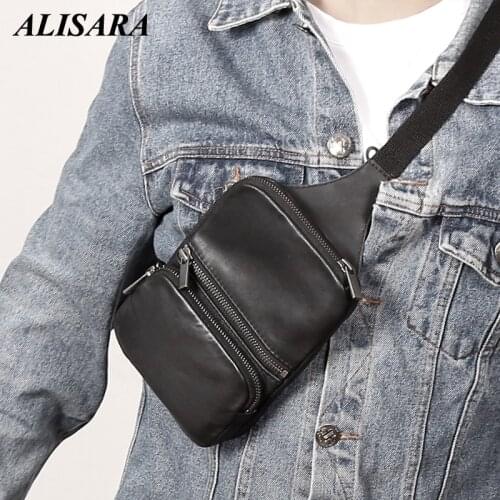 Alisara Male Small Chest Bag Genuine Leather Luxury Handmade Mens Casual Cell Phone Satchels Mini Crossbody Packs 100% Cowskin