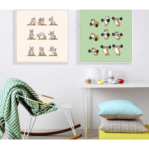 Simple Nordic cartoon lines animal dog weightlifting gymnastics yoga porch living room murals poster print decorative painting
