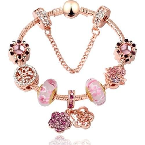 Rose Gold Flower Bead Bracelets for Women Crystal Charm Bracelets & Bangles Women Jewelry