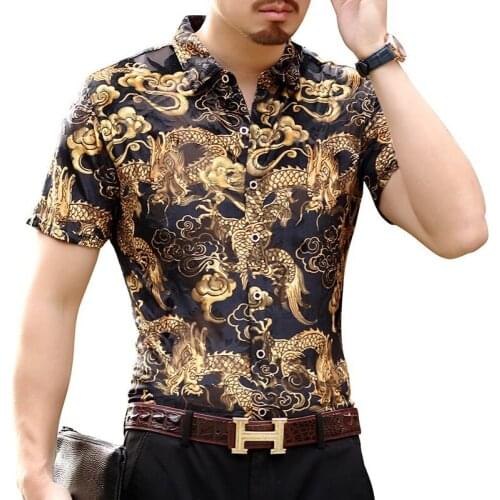 Gold Velvet Dragon Shirt Short Sleeve Summer Blue Velvet Shirt Hawaiian Burn Out Transparent Male Shirt Camicia Uomo