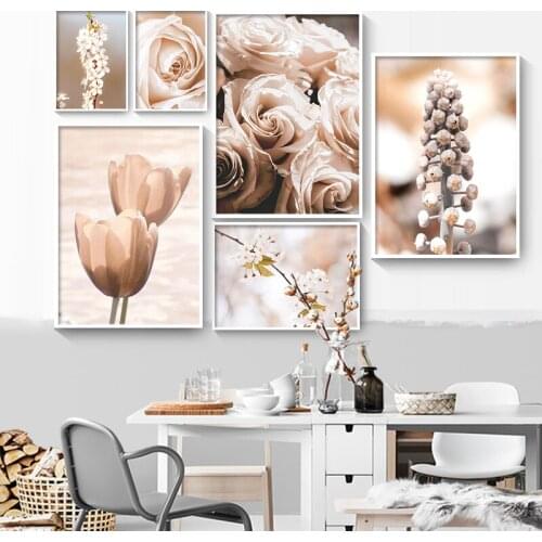 Self-adhesive Wall Stickers Nordic Modern Beige Flower Plants Poster Rose Tulip Cherry Blossoms Wall Art Picture Room Decoration