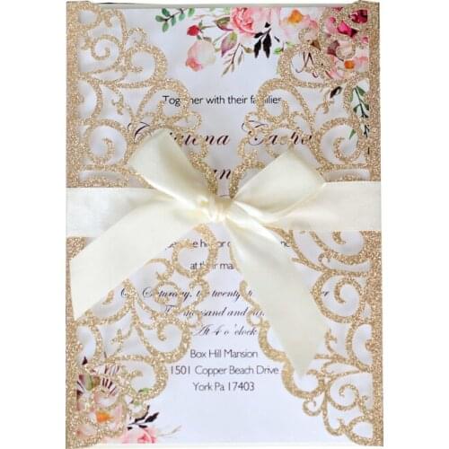 50pcs Gold Blue Silver Glitter Paper Laser Cut Wedding Invitation Card With Ribbon DIY Personalized Wedding Decor Party Supplies