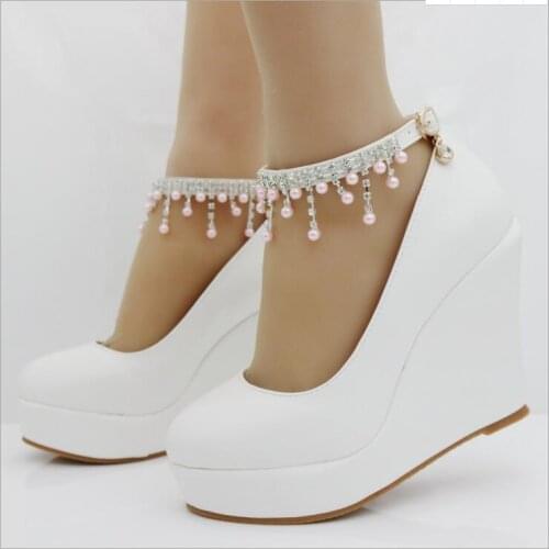 New beaded chain spring autumn casual high-heeled shoes sexy Wedge sandals shoes thick heels platform pumps Black White Large
