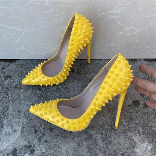 Rivets design yellow 8cm 10cm 12cm heels party shoe work sexy wedding plus size pointed toe daily wear lady pumps MD042 ROVICIYA