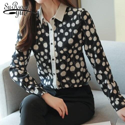 Autumn 2021 New Print Turn-down Collar Office Shirts Women Tops Women Chiffon Blouses Slim Cardigan Shirt Bottom Shirts 5975 50