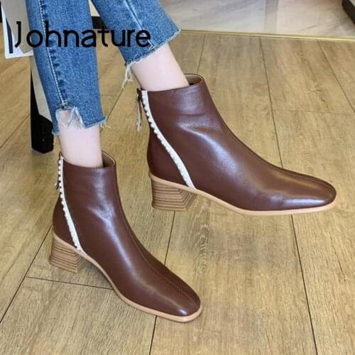 Johnature Genuine Leather Women Boots Ladies Shoes Zip Sewing 2021 New Handmade Concise Square Toe Leisure Ankle Platform Boots