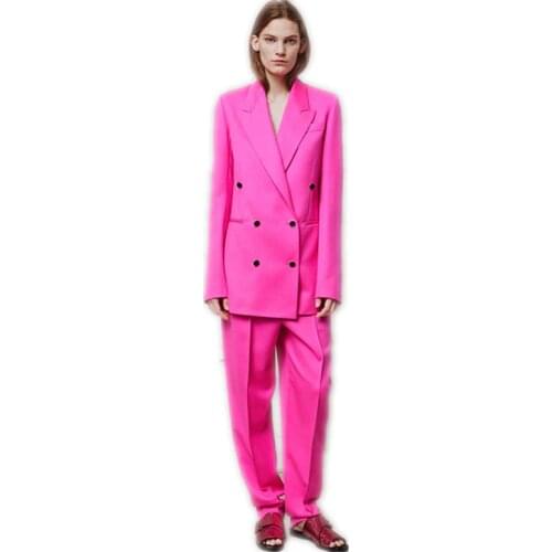 Pink Womens Business Suits Formal female Office Work Wear 2 Piece Sets Double Breasted Slim Uniform Designs Blazer Custom Made