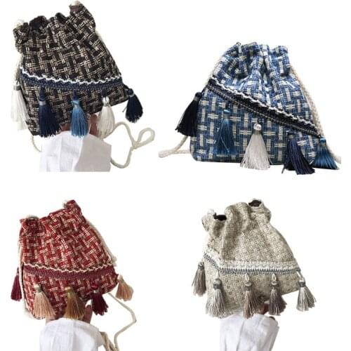 Ladies Tassel Messenger Bags Casual Drawstring Bucket Tote Knitted Shoulder Bag Women Handbags Retro Crossbody Bag