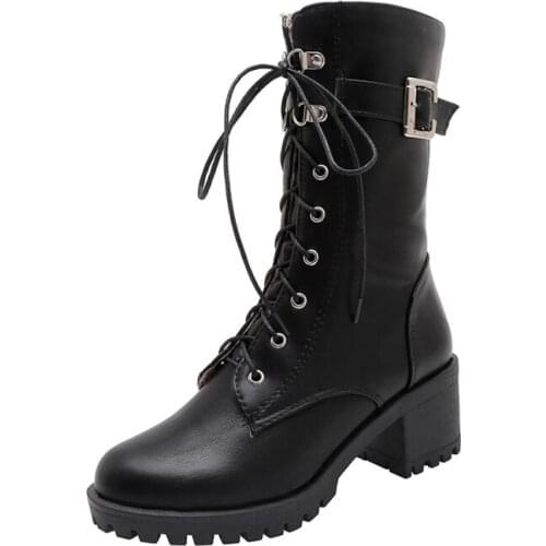 Big Size boots women woman winter boots women women shoes botas Cross strap belt buckle square heel