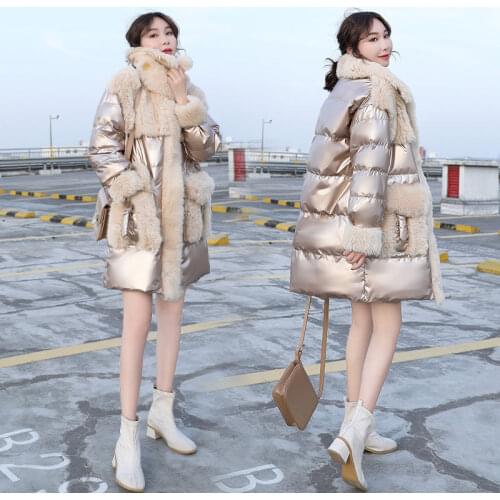 New cotton dress womens medium and long style popular womens clothing collar fashion imitation lamb hair splicing bright face