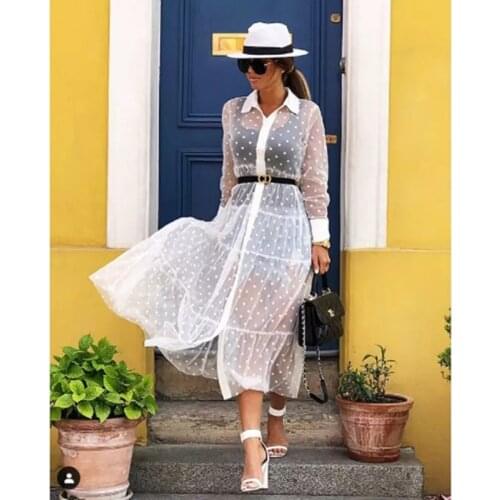 Women Mesh Sheer Transparent Polka Dot Lace Cover up V Neck Button Down Maxi Dress See-through Party Clubwear Beach Dress