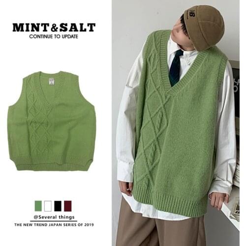 Korean Sweater Vest Mens Fashion Solid Color V-neck Knitted Pullover Men Streetwear Loose Autumn Vest Knitting Sweaters Mens