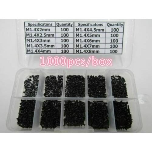 1000 pcs M1.4x2/2.5/3/3.5/4/4.5/5/6/7/8mm Phillips cross head black pan Machine screws Assortment Kit