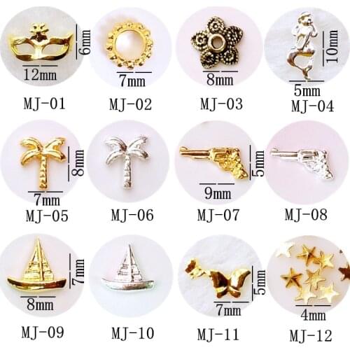 50pcs/pack metal nail art mask flower mermaid palm gun sailboat butterfly star 3d jewelry gel nails sticker decoration art tools