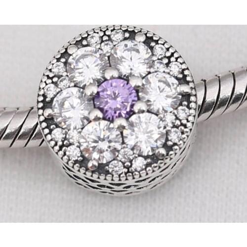 Authentic S925 Sterling Silver Bead DIY Jewelry Forget Me Not Charm fit Pan Bracelet Bangle Girl Gift Purple & Clear CZ